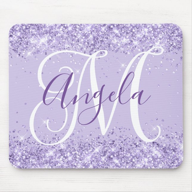 Ljus lila glitter elegant skriptmonogram musmatta (Framsidan)
