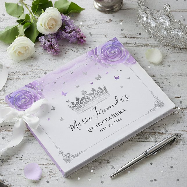Ljus Lila Ros och Elegant Silverkrona Gästböcker (Create a keepsake with an elegant light purple and silver guest book for your fairy tale event!)