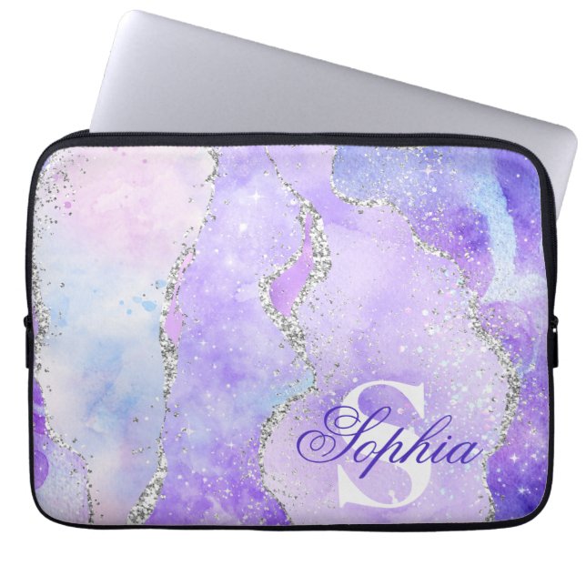 Ljus Lila & Silver Faux Glitter Agate Monogram Laptop Fodral (Framsidan)
