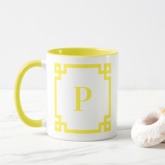 Ljus limegul grekisk nyckel kant monogram mugg (Med munk)