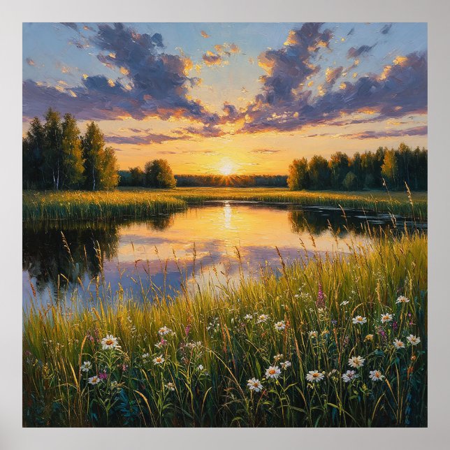 Ljus lugn solnedgång över en fridfull sjö poster (Framsidan)