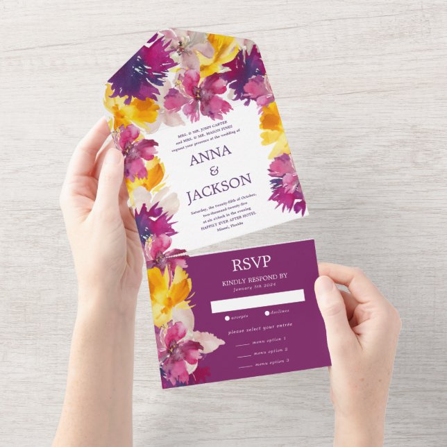 Ljus Magenta Lila Gul Blommig Bröllop (Avrivbar del)