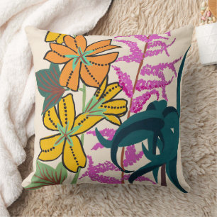 Ljus Magenta & Orange Art Deco Blommig Konst Kudde