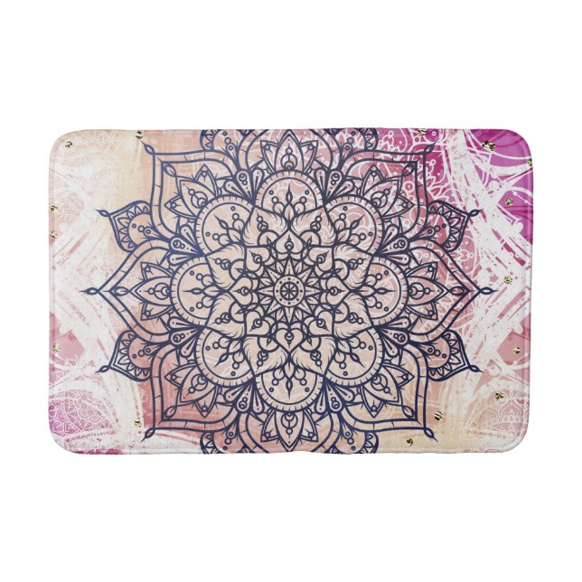 Ljus Mandala Glad Rosa Lila Gul Blå & Guld Badrumsmatta (Framsidan)