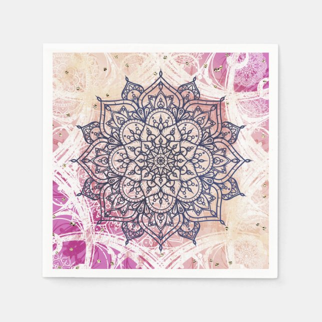 Ljus Mandala Glad Rosa Lila Gul Blå & Guld Pappersservett (Framsidan)