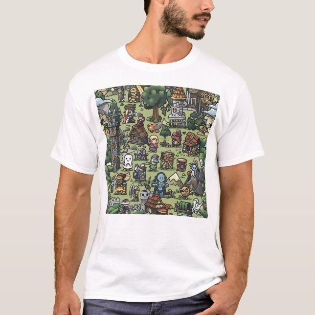 Ljus Medieval Video Game Mönster T Shirt (Framsida)
