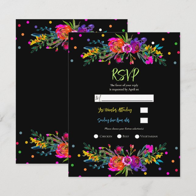 Ljus Modern Blommig & Svart Fiesta RSVP svar Inbjudningar (Fram/baksida)
