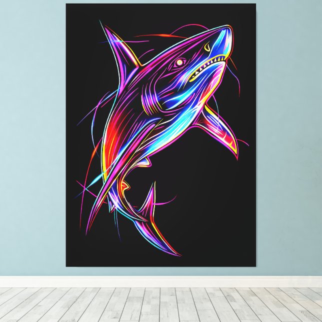 Ljus Neon Haj Modern Digital Ocean Canvastryck (Insitu (trägolv))