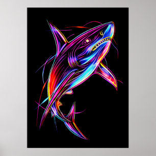 Ljus Neon Haj Modern Digital Ocean Poster
