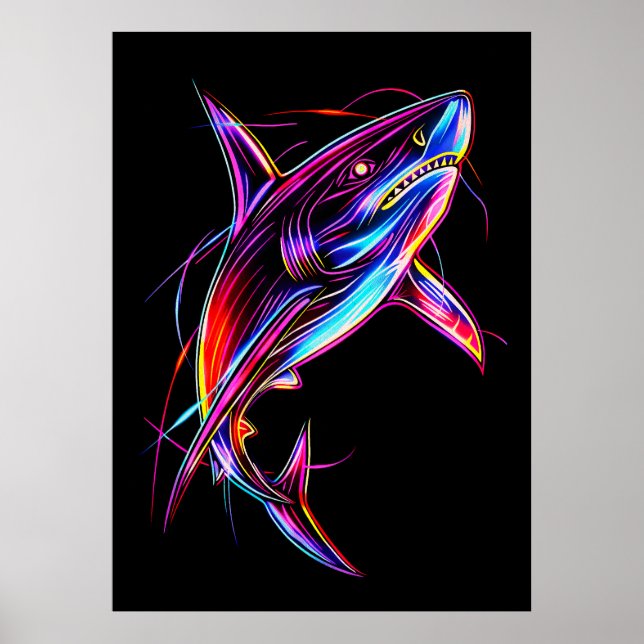 Ljus Neon Haj Modern Digital Ocean Poster (Framsidan)