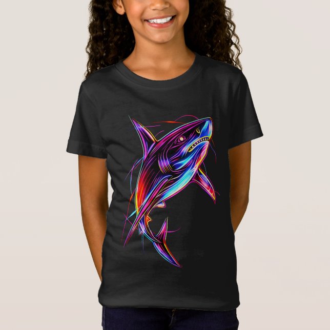 Ljus Neon Haj Modern Digital Ocean T Shirt (Framsida)