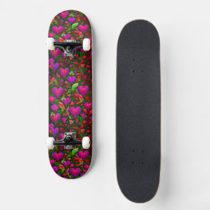 Ljus neon rosa hjärtan och grön blomster mini skateboard bräda 18,5 cm
