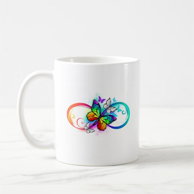Ljus oändlighet med regnbågsfjäril kaffemugg (Vänster)