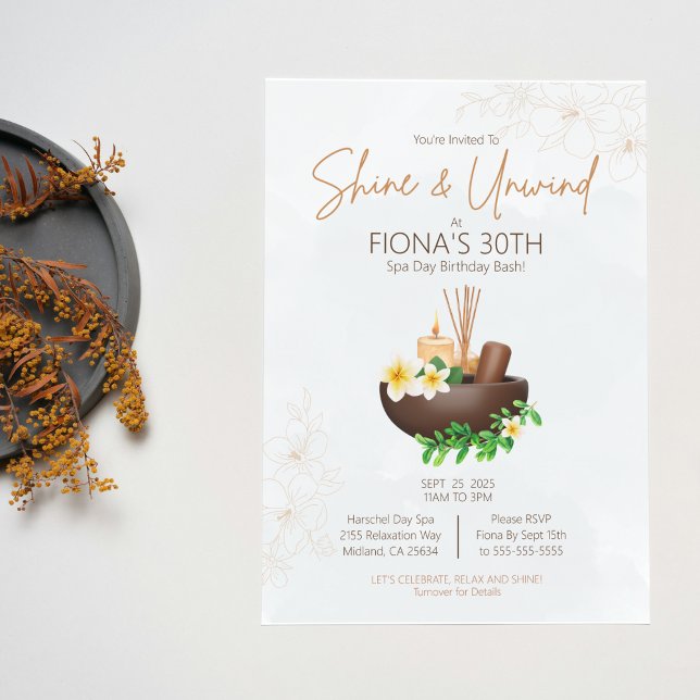 Ljus och avkoppling Spadags Födelsedagsfest Inbjud Inbjudningar (Serene spa theme birthday invitation. It's time to Shine and Unwind!)