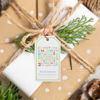Ljus och färgglad glad jul typografi  presentetikett