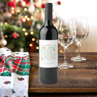Ljus och färgglad glad jul typografi  vinflaska etikett