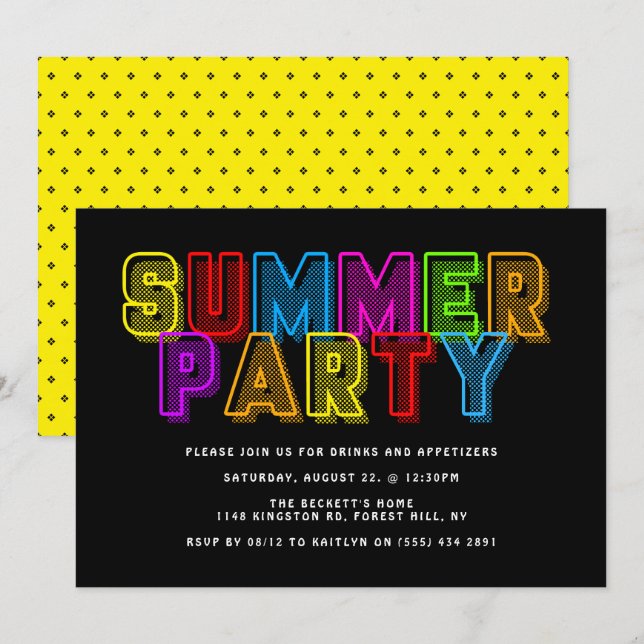 Ljus och färgstark neontypografi, sommar Party Inbjudningar (Fram/baksida)