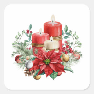 ljus och Poinsettia Bouquet-jul Fyrkantigt Klistermärke