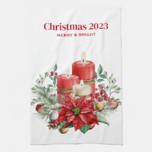 ljus och Poinsettia Bouquet-jul Kökshandduk