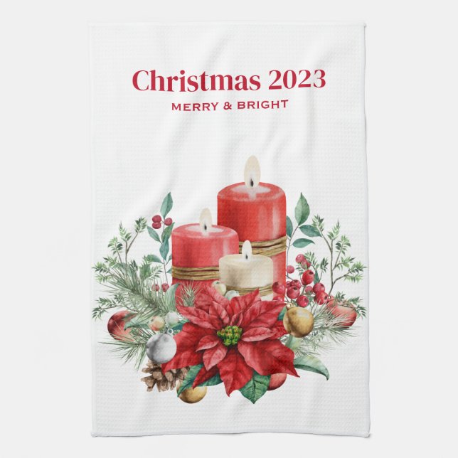 ljus och Poinsettia Bouquet-jul Kökshandduk (Vertikal)
