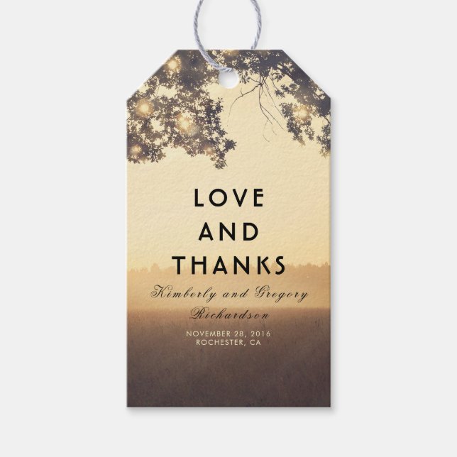 Ljus och Träd Grenar Rustic Bröllop Presentetikett (Framsidan)