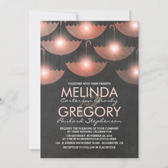 Ljus och Umbrellas Chalkboard Rosa Bröllop Inbjudningar (Framsida)