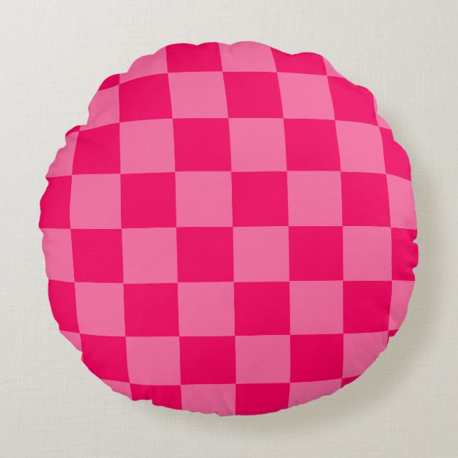 Ljus och varmt rosa rutigt mönsterdesign  rund kudde (Framsidan)