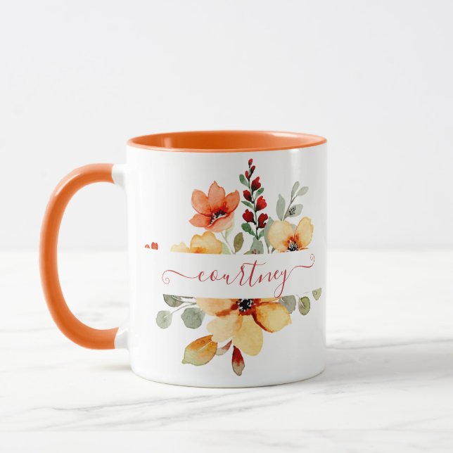 Ljus orange akvarellblomma personlig mugg (Vänster)