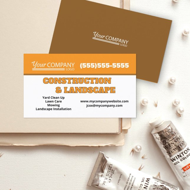 Ljus orange, brun landskapsgrönytetjänst visitkort (Bright orange brown business cards with logo, construction, landscape, lawn care services)