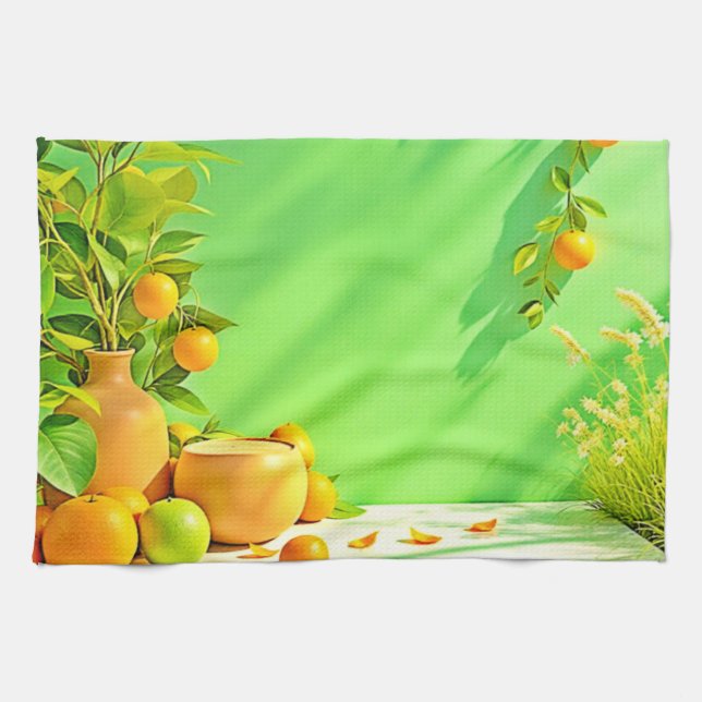 Ljus orange grön stilleben-design kökshandduk (Horisontell)
