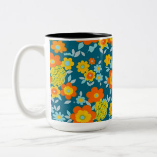 Ljus Orange & Gula Blommor på Mörk Teal Två-Tonad Mugg