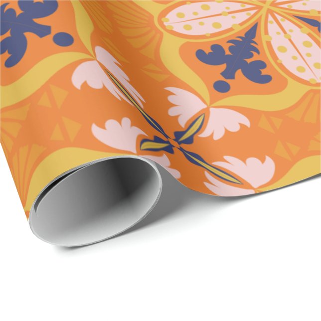 Ljus orange och blå blomsterdesign presentpapper (Rullad Hörn)