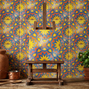 Ljus orange och blå marockansk blomster-mandala kakelplatta