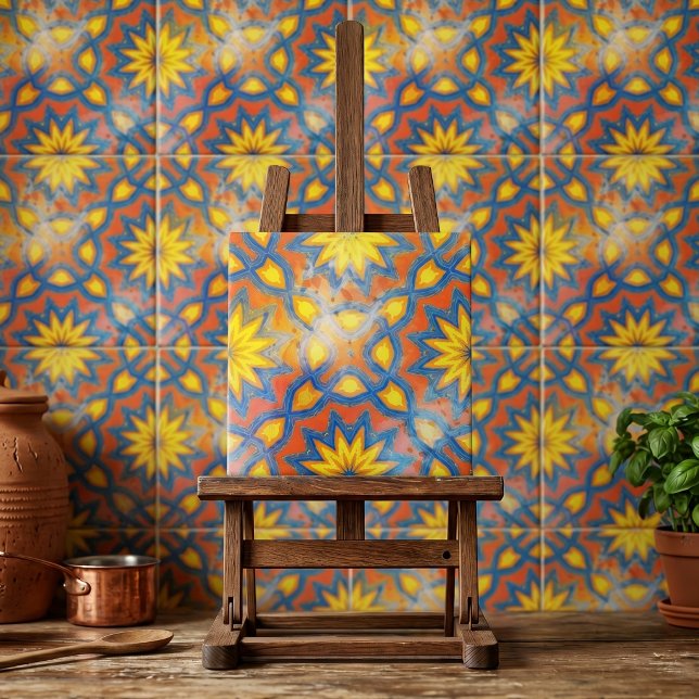 Ljus orange och blå marockansk blomster-mandala kakelplatta (Skapare uppladdad)