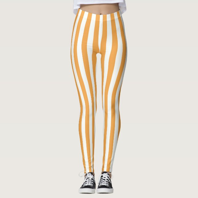 Ljus orange och vita vertikala ränder estetik leggings (Framsida)