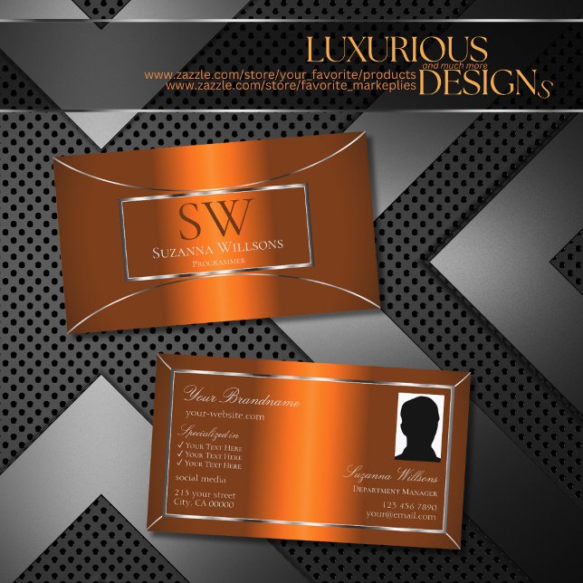 Ljus Orange Silver Dekor med Monogram & Foto Visitkort (Skapare uppladdad)