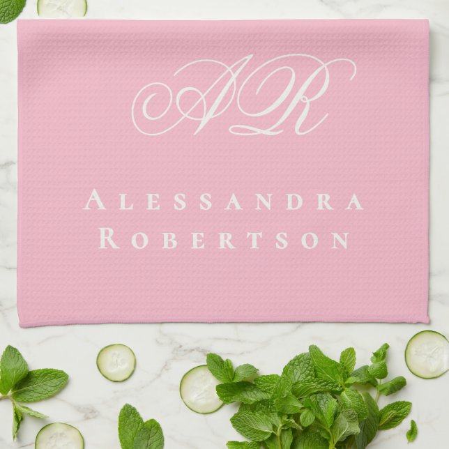 Ljus Peony Rosa Monogram Namn Minimalistisk Stilig Kökshandduk (Vikta)