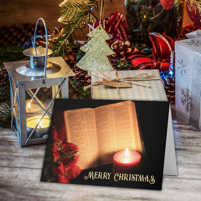 Ljus Poinsettia Gammal Bibel Helgkort (Merry Christmas greeting card with Bible, poinsettia and votive candle.)