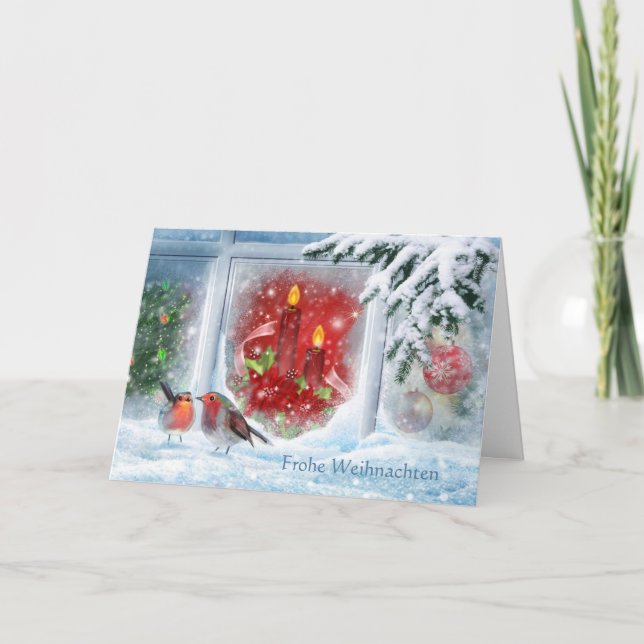 Ljus, poinsettias, robiner och tyska julafton helgkort (Framsida)