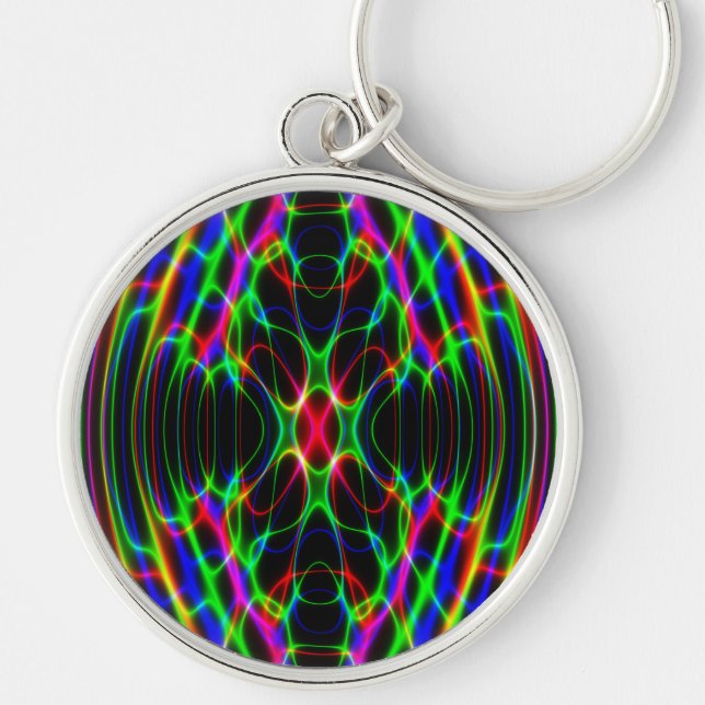 Ljus Psychedelic abstrakt för neonlaser Rund Silverfärgad Nyckelring (Framsidan)