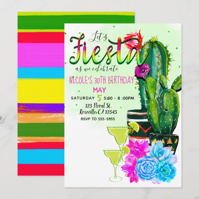 Ljus Randig Fiesta Kaktus & Sukkulent Party Inbjudningar (Fram/baksida)