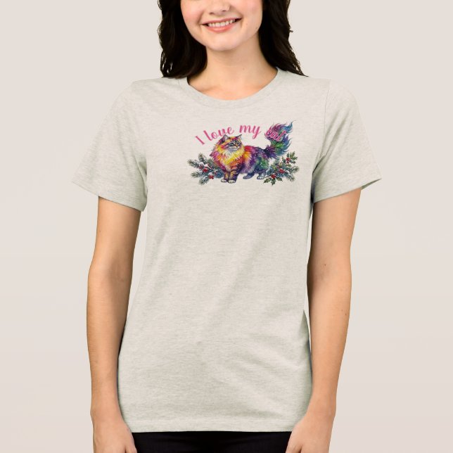 Ljus regnbåge akvarell vinterkatt & julbär t shirt (Framsida)