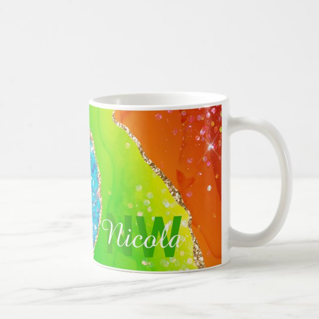 Ljus regnbåge & guld falsk glitter agatmonogram kaffemugg (Höger)