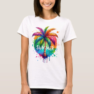 LJUS REGNBÅGSFÄRGAD TROPISK PALMTRÄD T SHIRT