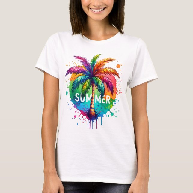 LJUS REGNBÅGSFÄRGAD TROPISK PALMTRÄD T SHIRT (Framsida)