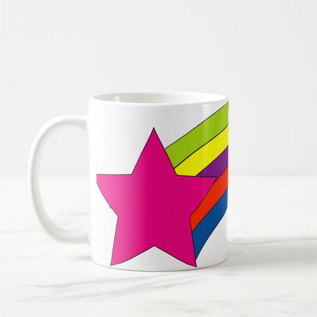 Ljus regnbågsrandig och rosa stjärna färgglatt mod kaffemugg (Vänster)