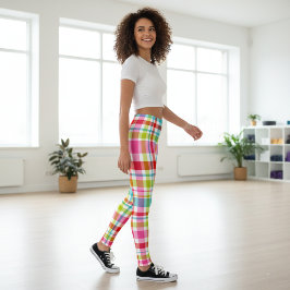 Ljus regnbågsrandig rutig mönster leggings