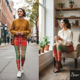 Ljus röd grön storskalig rutig mönster leggings