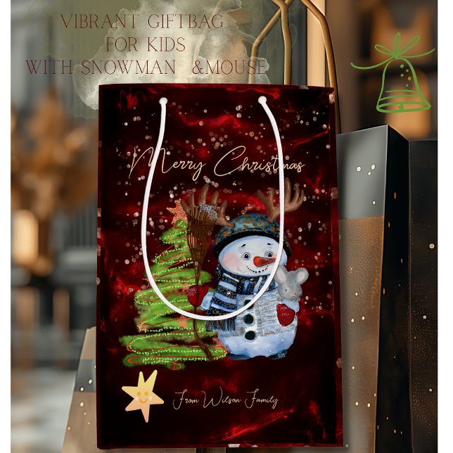Ljus Röd Guld Snömannen Mus Julklappspåse (Vibrant Red Gold Snowman Mouse Christmas Gift Bag)