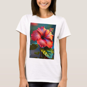 Ljus röd hibiskusblomma med blad-45328 t shirt